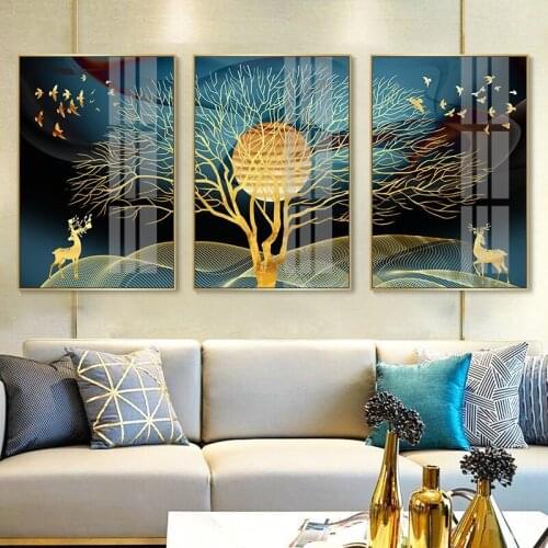 Wall Art Canvas Painting 3pcs Golden Abstract Sun Tree Print Poster Nordic Decorative Pictures for Living Room Home Decor