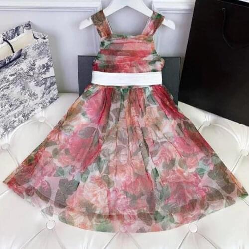 New Fashion Summer Baby Girl mesh printed strap Dress Casual Holiday Outfits big swing princess beach dress