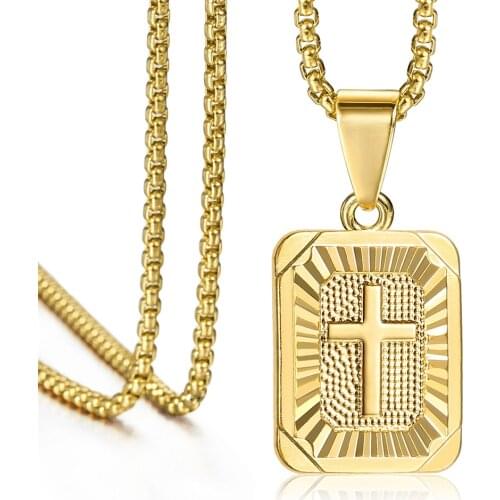 Gold Color Square Cross Pendant Necklace for Men Women Christian Jesus Cross Charm Stainless Steel Box Chain 18-20inch HGP422