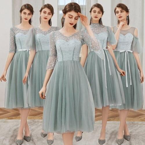 Bridesmaids Dress Illusion Off The Shoulder O-Neck Embroidery Luxury Light Green A-Line Tulle Lace Women Wedding Party Gown E420