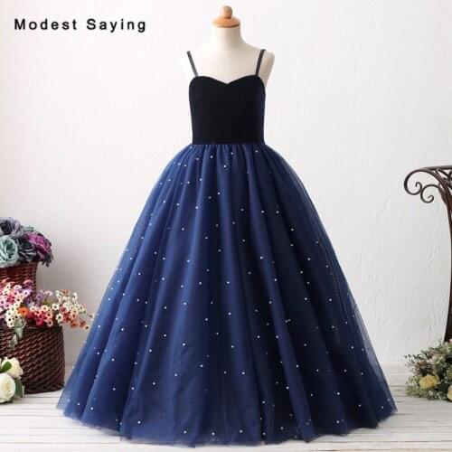 Romantic Navy Blue Ball Gown Velvet Top Pearls Flower Girl Dresses 2018 with Straps Kids Wedding Girls Pageant Party Dresses