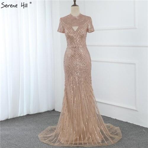 Rose Gold Sequins High Neck Evening Dresses 2020 Dubai Short Sleeves Mermaid Sexy Evening Dress Real Photo LA70265