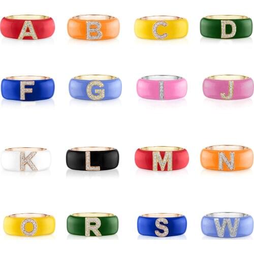 Pink Blue Enamel 26 Alphabet Letter Band Ring For Women CZ Name Full Finger Jewelry Fashion