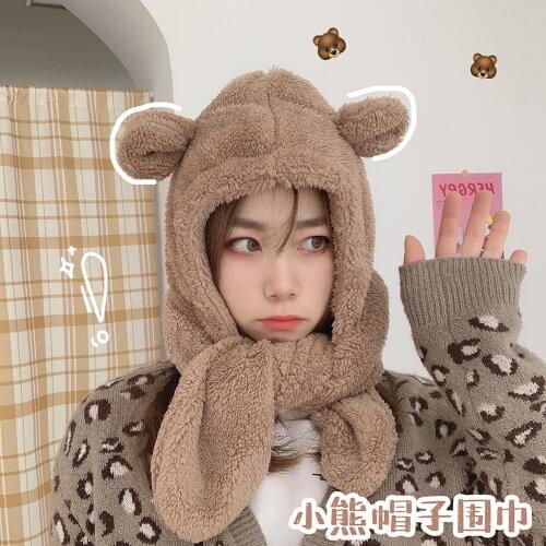 Cartoon Bear Ears Hat Scarf Female Winter Furry Warm Scarf Korean Cute Girl Two-piece Plush Hat Suit Gifts