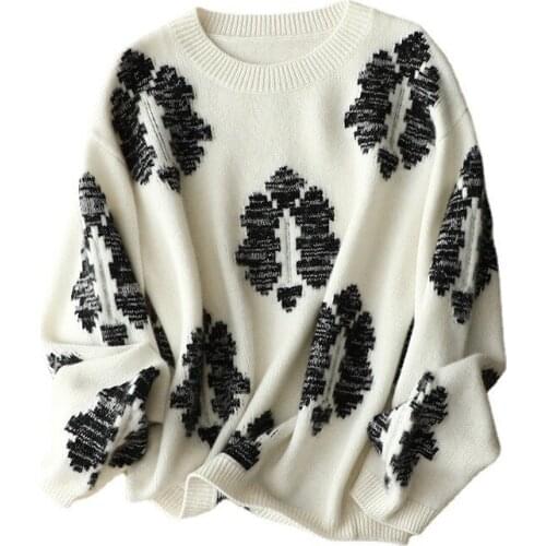 Shuchan 100% Cashmere Sweaters for Women Embroidery Geometric High Street O-Neck A-straight Keep Warm Fashion Pullover Tops