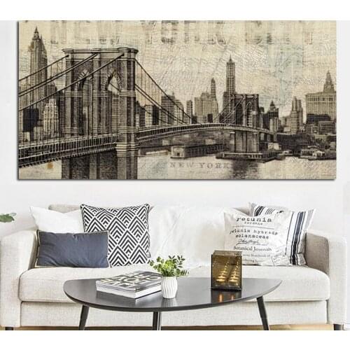Retro Print Modern Abstract Street Seaport City Famous Building Bridge Painting Poster Canvas Art Wall Picture for Living Room