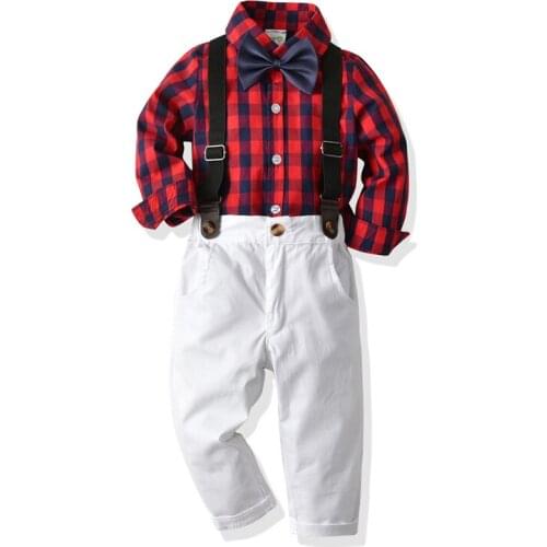 Formal Suits for Toddlers Baby Boy Clothing Red Plaid Romper + Bow + Belt + White Pants Kids Boys Suit
