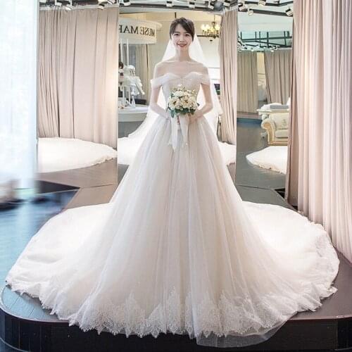 Boat-neck Wedding Dress 2019 New Korean Style White Lace Tulle Wedding Dress Elegent Fashion Royal Train Princess Wedding Dress