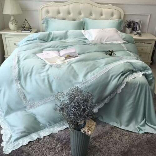 Light Blue 100S Egyptian Cotton Luxury Embroidery Royal Bedding Set King Queen Lace Wedding Bed Sheet Cover set Duvet Cover 4pc