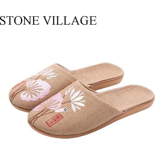 STONE VILLAGE Embroidered Japanese full linen slippers men four seasons breathable EVA non-slip viscose hemp slippers women