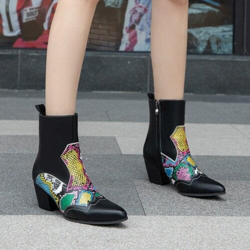 YMECHIC Fashion Colorful Snake Print Block High Heels Ankle Western Boots Cowboy Boots Women Pointed Toe Ladies Shoes Winter 43