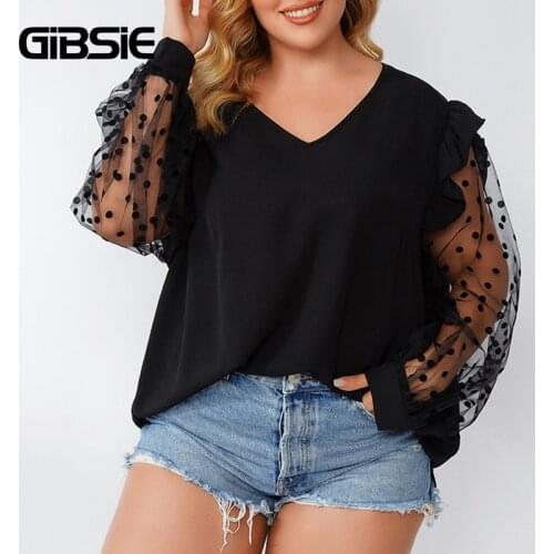 GIBSIE Plus Size Ruffle Trim Dot Mesh Long Sleeve Women Tops Blouses Spring Summer V Neck Black Casual Loose Blouse 3xl 4xl