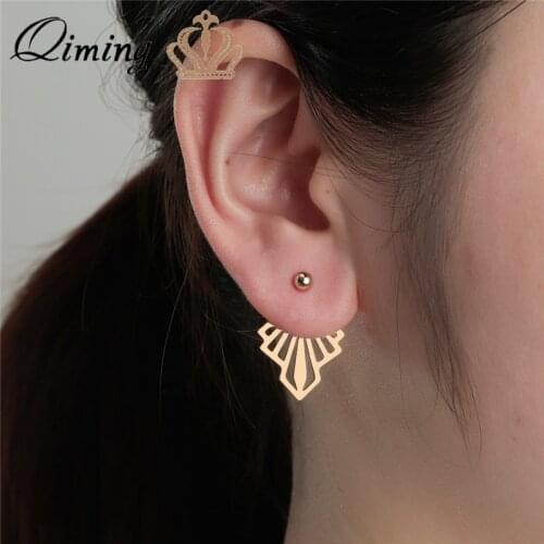 QIMING Korean Hollow Ethnic Earring Female Ear Jacket Earrings For Women Party Stainless Steel Jewelry For Beast Friend Gift