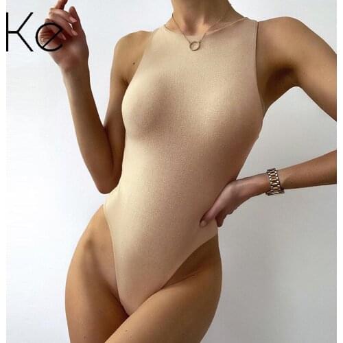 KE European and American womens hollow halter round neck one-piece solid color slim sexy halter one-piece top women
