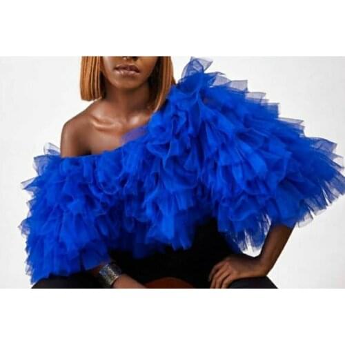 Royal Blue Tiered Ruffles Tulle Short Women Tops Elegant Off The Shoulder Female Top Blusas Summer Women Blouse