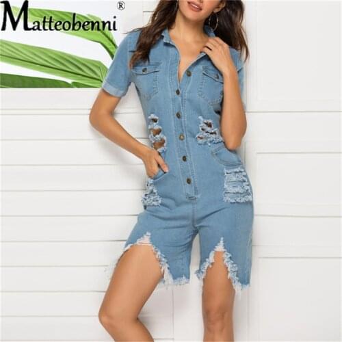 2021 Spring Womens Solid Color Plus Size Casual Short-Sleeve Single-Breasted Ripped Fashion Loose Street Denim Short Jumpsuit