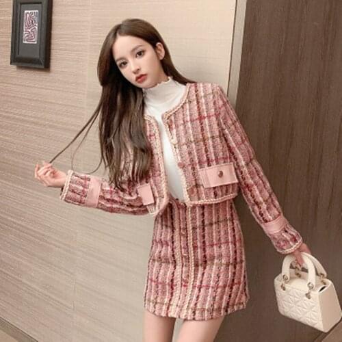 Autumn Winter New Houndstooth Vintage Skirt Suit Womens Long Sleeve Tweed Woolen Coat + High Waist Plaid Two Piece Skirt Set