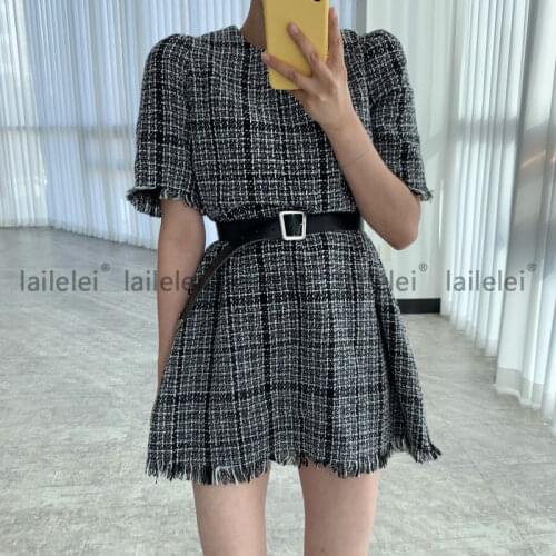 Chic Tweed Tassel O Neck Pullover Puff Short Sleeve Dress Women With Belt Sashes Straigh Office Vestidos Robe Spring Summer 2021
