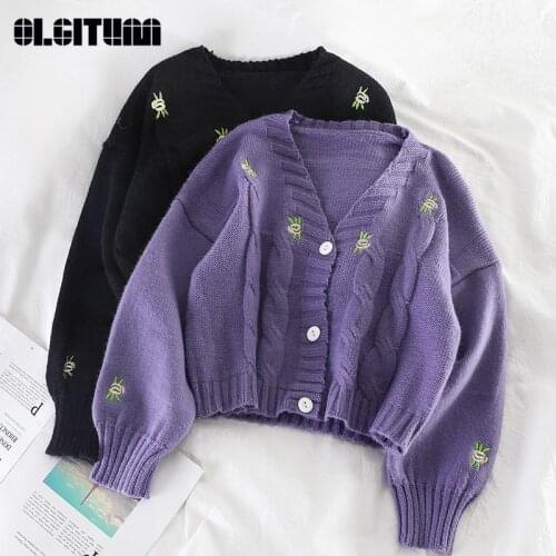 Women Embroidery Floral Knitted Fashion Cadigan 2020 New Spring Winter Purple Loose V-Neck Lantern Sleeve Sweater Femme Harajuku
