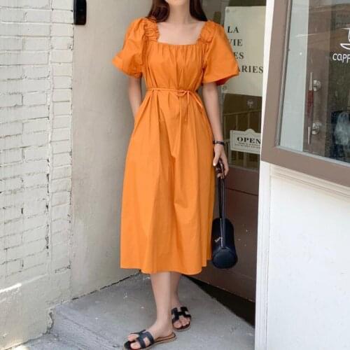 Square Collar Summer Party Dress Women Korean Cute Sweet Long Midi Dress Puff Sleeve Loose A-Line Casual Lace Up Orange