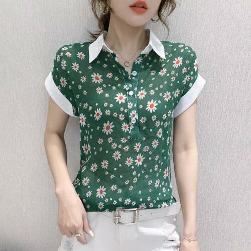 #8226 Green Black Floral Printed Chiffon Blouse Women Short Sleeves Casual Vintage Blouse Femme Sexy Transparent Blouse Female