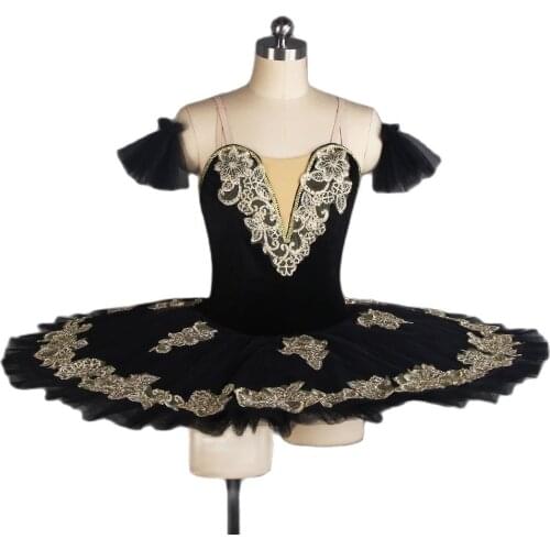 GDC Black and Gold Professional Ballet Dance Tutu Velvet Bodice with 7 layers Pleated Tulle Pancake Tutus BLL100