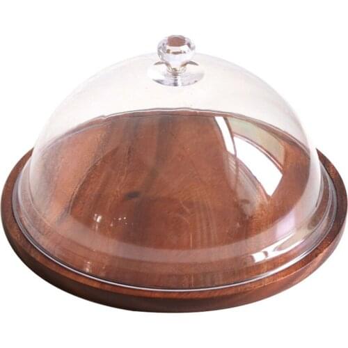 Cake Wood Tray with Clear Acrylic Cover Round Bread Display Plate Dessert Dish for Restaurant