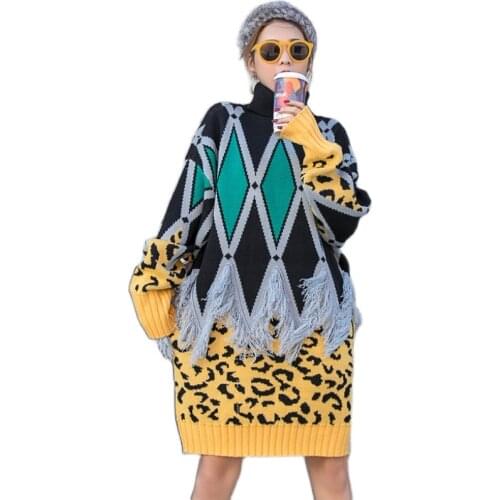 Tassels Long Sweater Fashion Streetwear Vintage Geometric Plaid Leopard Print Loose Oversized Turtleneck Knitting Outer Wear Top