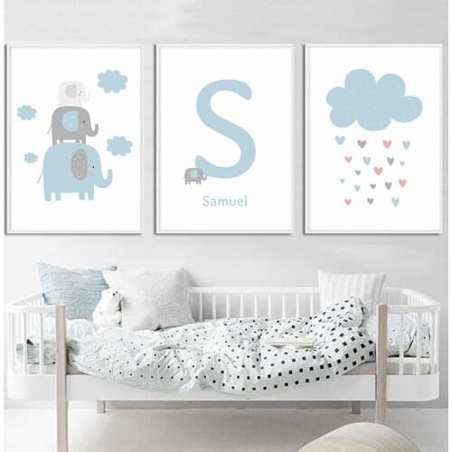 Blue Elephant Cloud Personalized Babys Name Custom Poster Nursery Wall Art Canvas Painting Pictures For Kid Bedroom Decoration