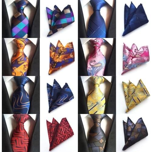 New Silk Classic Paisley Neck Tie&Pocket Square Hanky Suit Set Wedding Mens Tie Handkerchief Gold Purple Pink Blue Yellow