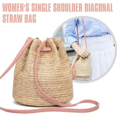 Summer Straw Bucket Bag Weave Purse Handbag Fringe Bohemian Bag Pouch pink