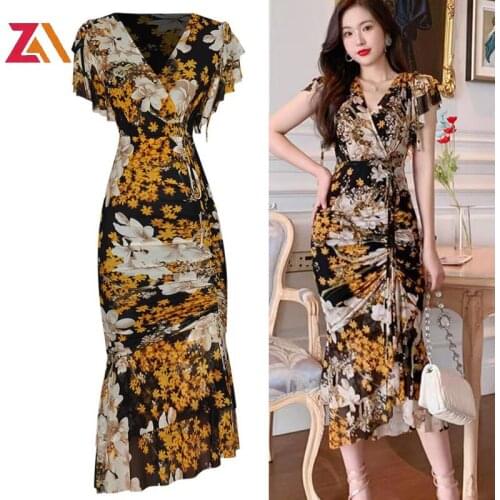 ZALady Fashion Elegant Slinky Dress Zevity Summer Ruffles V-neck Traf Women Party Night Bodycon Slim Dresses Festival Clothing