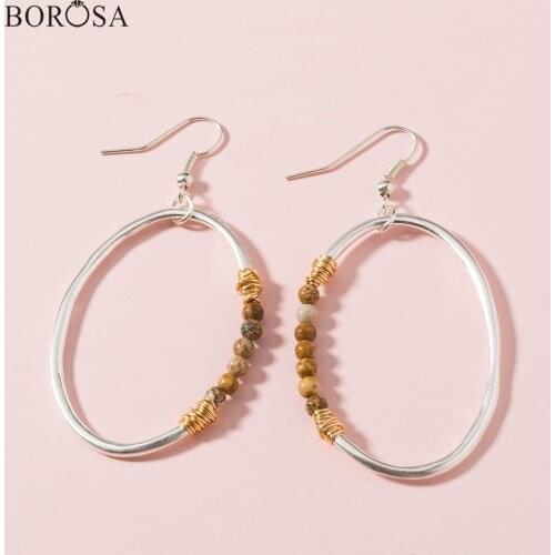 Trendy Oval Metal Dangle Earring with Natural Stone Beads Women Handmade Stone Beaded Stone Statement Earrings Jewelry WX1663