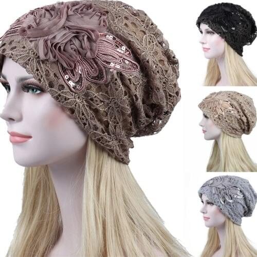 Fashion Womens Lace Sequined paillette Flower Skullies Hats Female Muslim Stretch Turban Hat Beanies Chemo Cap Wrap Cover Hats