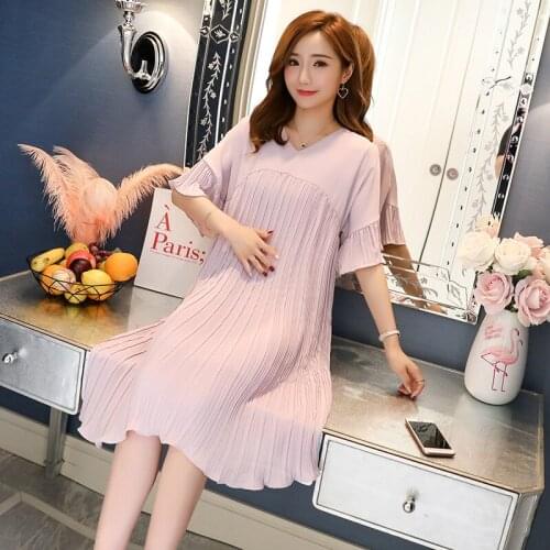 New Pleated Chiffon Pregnancy Dresses For Pregnant Women Maternity Clothes Summer Loose Short Sleeve Dress Maternity Clothing
