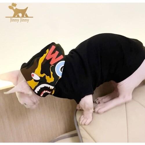 Sphynx Cat Clothes For Shark head Design ,Hoodie Pet Clothes with Hat，Round Collar Kitten T-Shirts For Sphinx Fairless Cat