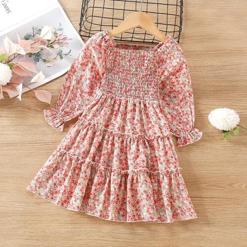 Ditsy Floral Print Layered Hem Girls Dress Spring Autumn 2021 Baby Kids Long Sleeve Off Shoulder Boho Dress Clothes for Girls