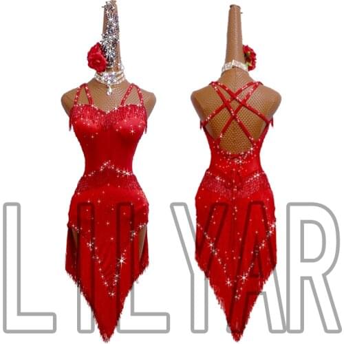 Latin Dance Dress Latin Skirt Competition Dress Performing Dresses Sparkly Rhinestones Customize Lace-up halter slim dance skirt