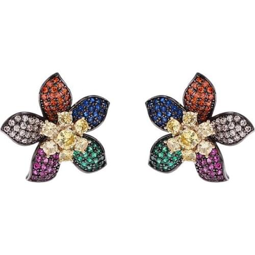 Colorful CZ Stone Flower Stud Earrings European and American Fashion Sweet Plant Earings Luxury Wedding Bridal Ear Studs