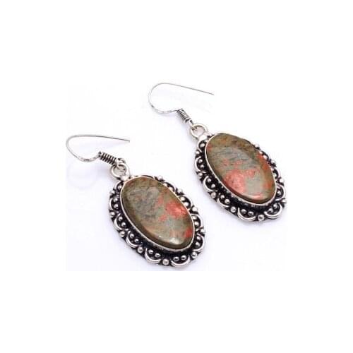 Genuine Unakite Silver Overlay on Copper Earrings ,Hand made Women Jewelry Gift , 48 mm, E5616