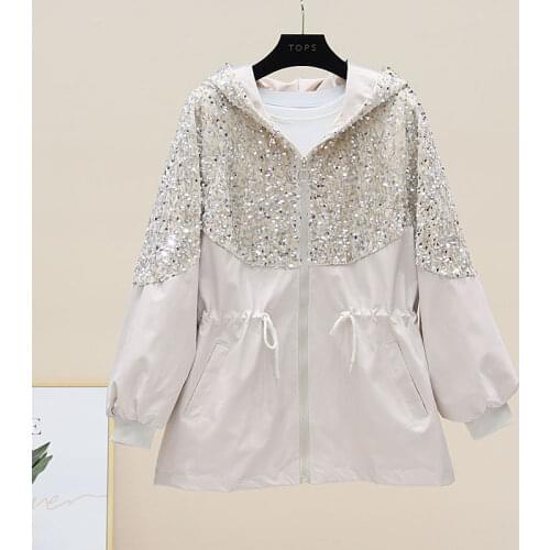Sequined Womens Jacket Drawstring Slim Hooded Casual Spring Autumn Windbreaker Coat Beige Black Ladies Sequined Outerwear Tops