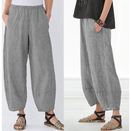 ZANZEA 2021 Women Streetwear Summer Striped Pants Casual Loose Pockets Pantalon Harem Trouser Elastic Waist Sweatpants