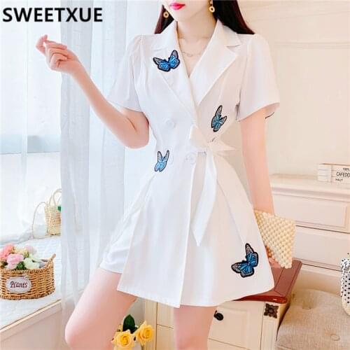 SWEETXUE Women Outfits Fashion OL Elegant Cheongsam V-neck Lace-up Butterfly Dress Top + Mini Shorts Two-Piece Suit Lady Sets