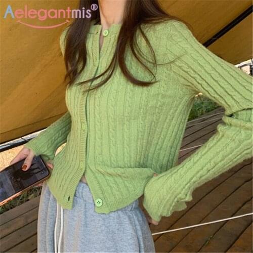 Aelegantmis Korean Style Short Knitted Sweaters Cardigan Women O-neck Thin Female Cropped Cardigan Twisted Crop Top Ropa Mujer