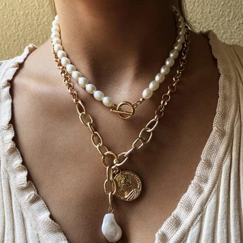 DIEZI Vintage Exaggeration Statement Choker Necklace Wedding Imitation Pearl Coin Pendant Necklaces Women Chain New Jewelry