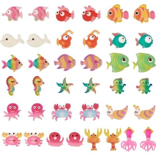 109pcs Cute Resin Fish Crab Seahorse Ocean Animal Flatback Cabochon Kawaii No Hole Beads for Scrapbook DIY Phone Case Decoration