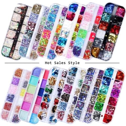 12Grid /Set Multi Shape Laser Nail Art Sequins gold and silver glitter heart-shaped butterfly set Nail Art DIY Flake