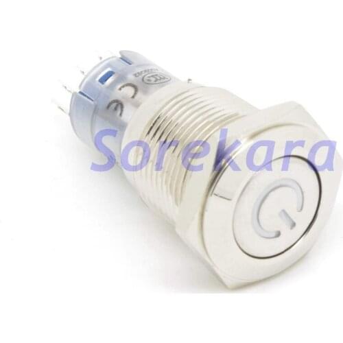 16mm Stainless LED Color BLUE Power Mark Momentary 1NO 1NC Pushbutton Switch Pin IP67 UL 3V/6V/12V/24V/110V/220V