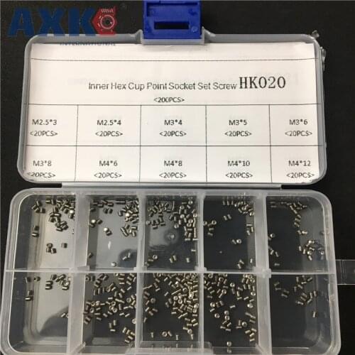 200Pcs/set M2.5 M3 M4 DIN916 304 Stainless Steel Metric Thread Surfboard Fin Screws Inner Hex Cup Point Socket Set Screw HK020