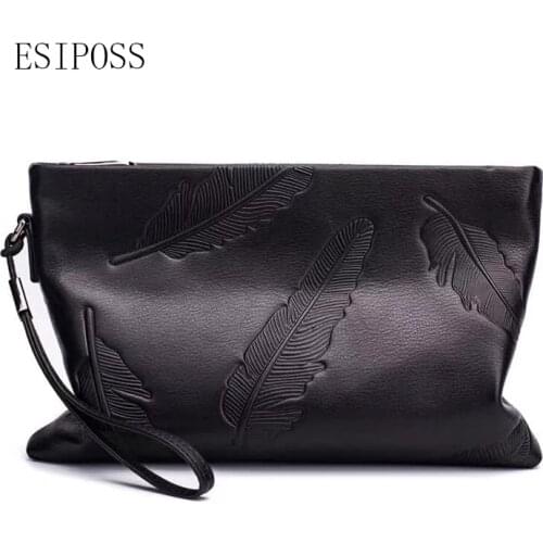 2018 mens leather handbag fashion Embossed leaves soft leather hand envelope mens thin first layer cow leather male clutch bag